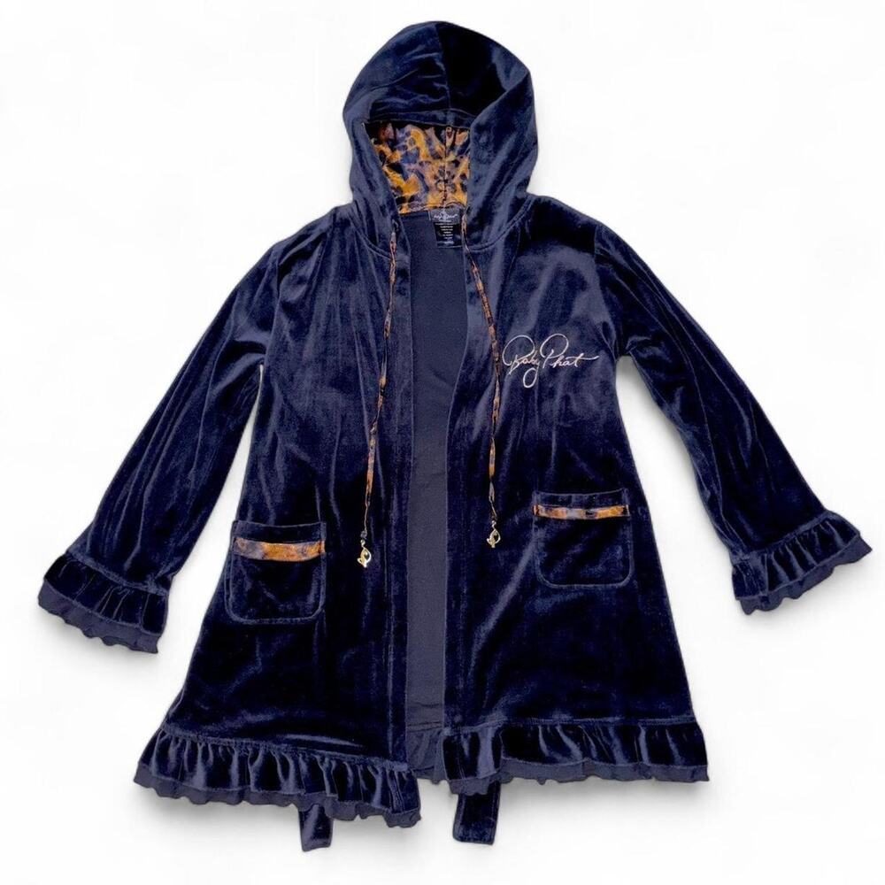 Rare Vintage Y2k Womens Baby Phat Velvet Robe Navy Blue Sleepwear Top w/ Silk